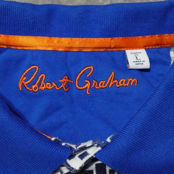 Robert Graham Polo Shirt Mens Large Blue Geometric Pattern Short Sleeve Pullover - Picture 3 of 10